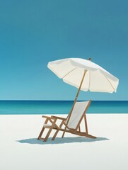 Beach Chair and Umbrella Serenity - A tranquil beach scene featuring a wooden chair and white umbrella under a clear blue sky. Perfect for relaxation and vacation themes