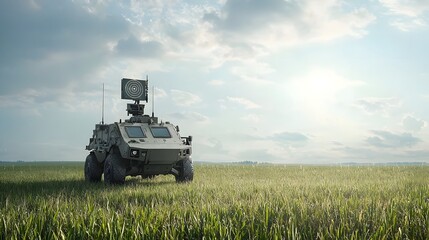 Fototapeta premium Cutting Edge Anti Aircraft Vehicle Equipped with Advanced Radar System Monitoring the Skies for Potential Threats in a Rugged Outdoor Landscape