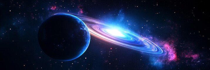 Celestial Dance: Planet and Nebula - A vibrant cosmic scene, symbolizing creation, wonder, infinity, mystery, and exploration. A planet orbits a bright nebula