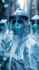 Medical workers in protective gear on city street during pandemic response focused on safety and health
