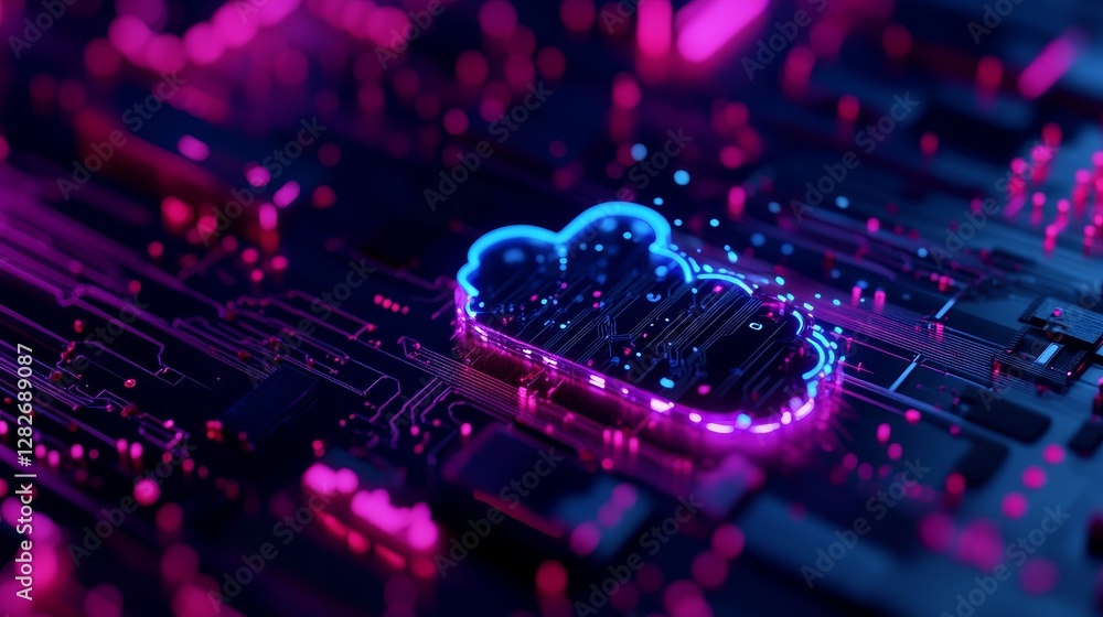 Poster cloud integration: a 3d ecosystem of devices - symbolizing global network, data flow, transformation
