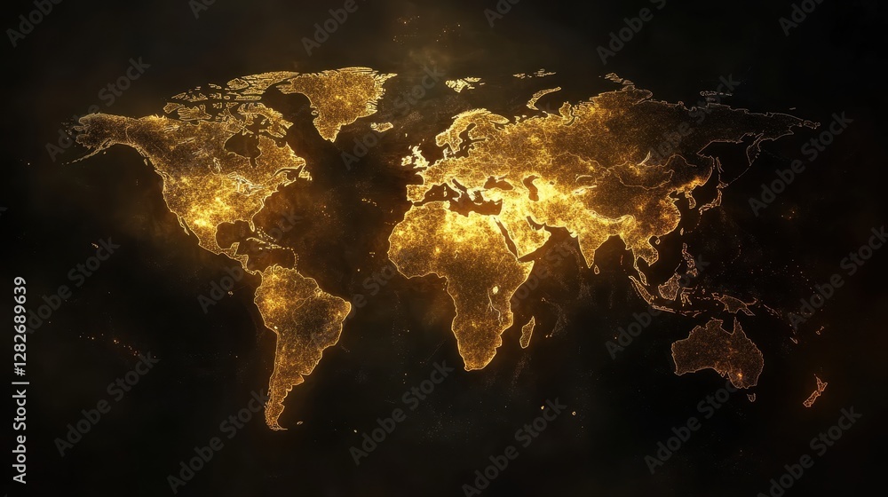 Poster glowing golden world map illustration with dynamic lighting on dark background for abstract art and 