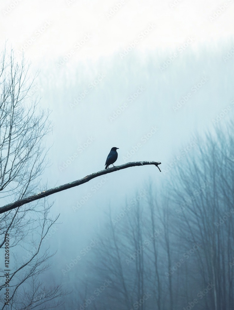 Poster Lone bird perched on a dead tree branch against a misty backdrop of trees in early morning light. Generative AI
