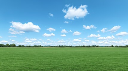 Fototapeta premium Vast Green Field Under a Bright Blue Sky with Fluffy White Clouds