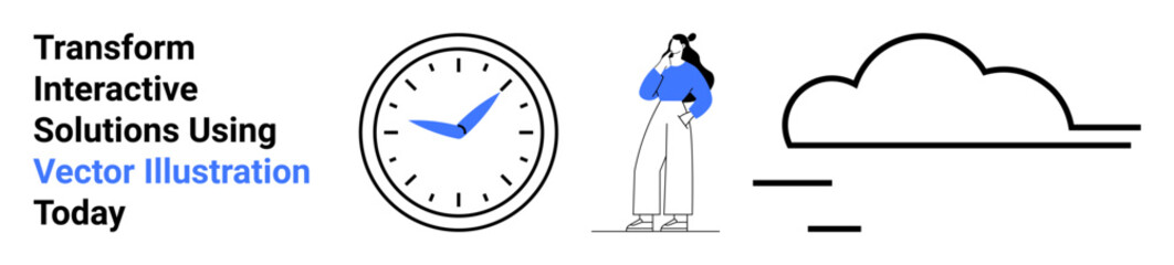 Clock showing time, a thoughtful woman in casual attire, and a minimalistic cloud illustration. Ideal for time management, creative ideas, productivity, innovation, introspection, cloud technology