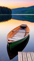 Fototapeta premium Sunrise over Calm Lake with Wooden Rowboat