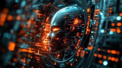AI head, digital network, futuristic server, processing data, tech background