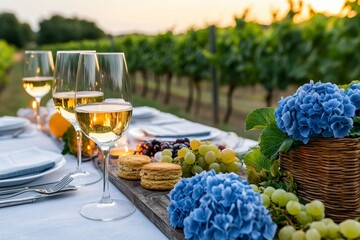 Sunset Vineyard Dinner: White Wine, Grapes, and Hydrangeas