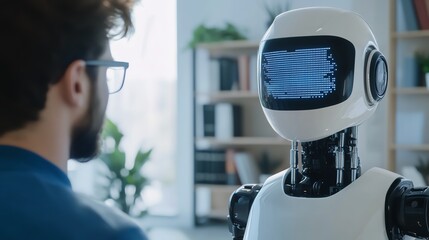 Robot interacts with human in modern office.