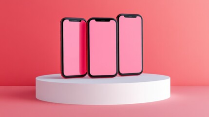 Three Pink Smartphones on White Pedestal