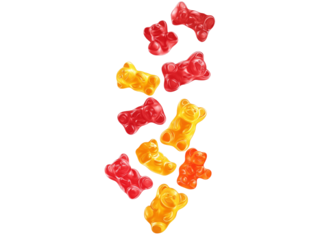 Falling Colorful jelly gummy bear, isolated on white background, full depth of field