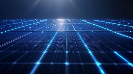 Futuristic wireframe solar panels with blue neon glow in a 3D rendering of sustainable energy technology

