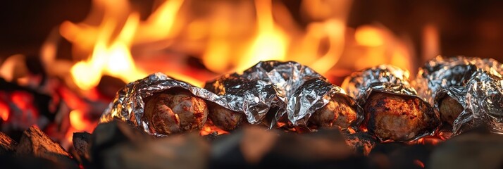 Foil-Wrapped Food Cooking Over Embers - Close-up of food packets wrapped in aluminum foil cooking over hot coals and flames