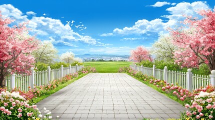 Stone Path Through a Spring Garden with Pink and White Blossoms