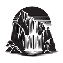Waterfall with rocks Silhouette Vector Illustration, Solid White Background.