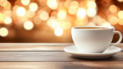 Warm Coffee in White Cup on Rustic Wooden Table