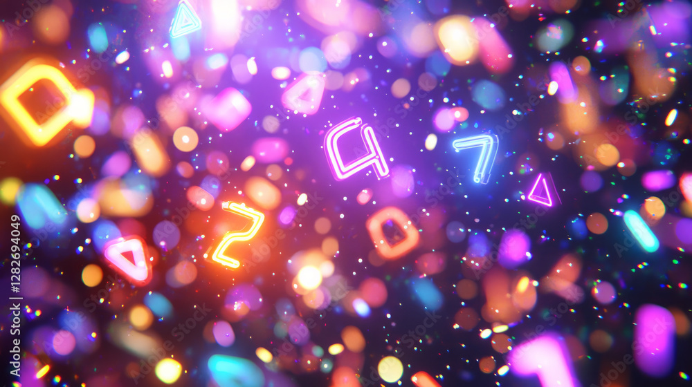 Fototapete a background of neon numbers and symbols floating in the air, with blurred lights around them, gener