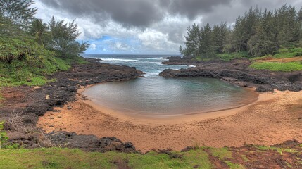 Serene Coastal Tidal Pool With Dark Rocks And Sandy Beach Under Cloudy Sky