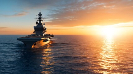 Majestic Stealth Warship Gliding Through Tranquil Ocean at Sunrise with Breathtaking Golden Reflections on the Calm Waters