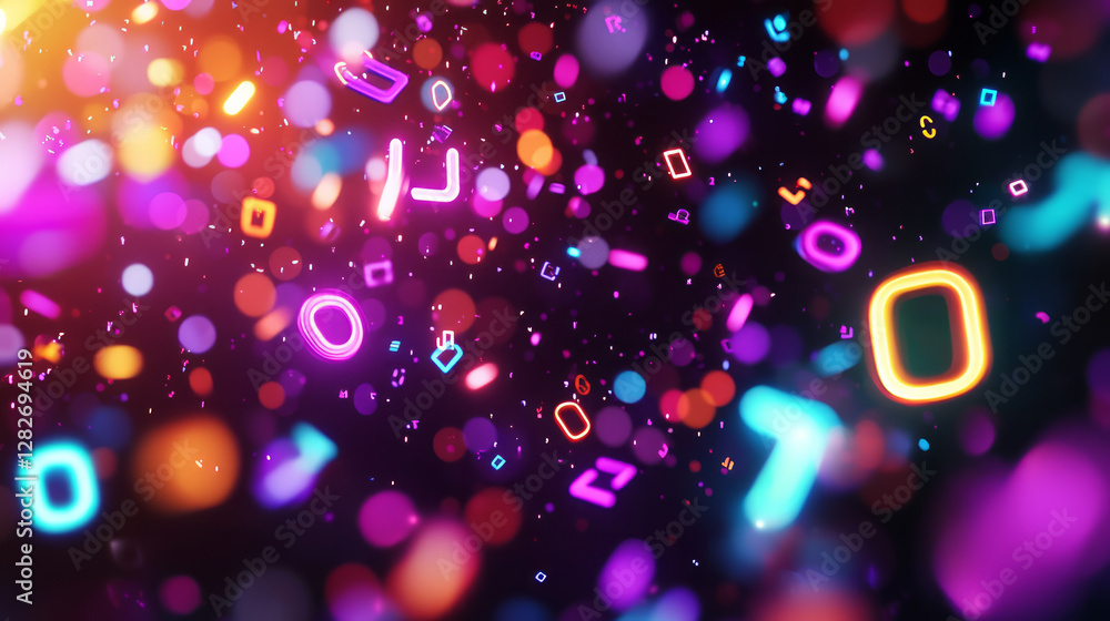 Fototapete a background of neon numbers and symbols floating in the air, with blurred lights around them, gener