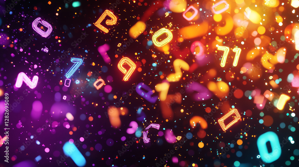 Poster a background of neon numbers and symbols floating in the air, with blurred lights around them, gener