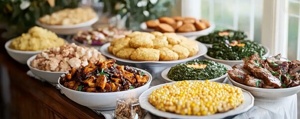 Obraz premium A vibrant display of various dishes, featuring colorful sides and main courses, arranged elegantly on a table, showcasing a feast.