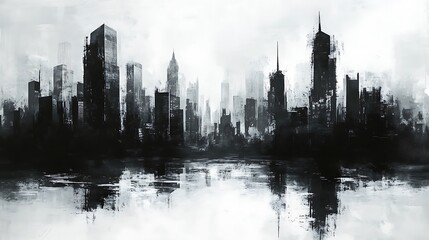 Fototapeta premium Monochromatic abstract cityscape with skyscraper silhouettes, grungy texture, and reflective water in a moody urban skyline