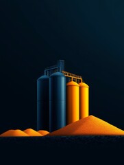 Obraz premium Grain Silo Storage Facility at Night - Illuminated grain silos stand against a dark background, surrounded by piles of grain. Industrial, agricultural, and storage concepts