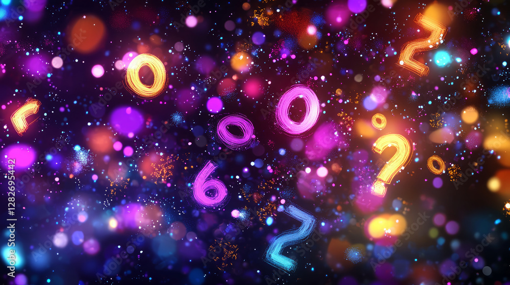 Fototapete a background of neon numbers and symbols floating in the air, with blurred lights around them, gener