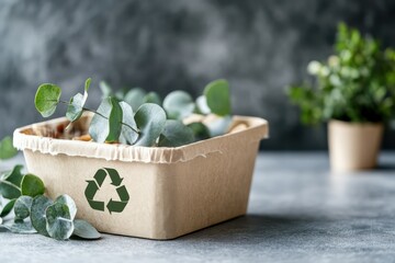 A biodegradable paper food container with a prominent recycling symbol, decorated with fresh eucalyptus leaves.