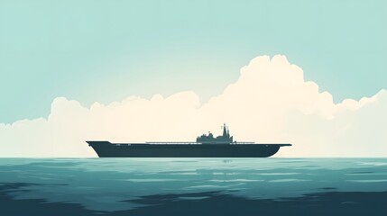 Obraz premium Cargo ship navigating calm waters, large vessel on serene ocean with distant mountains, ideal for maritime themes.