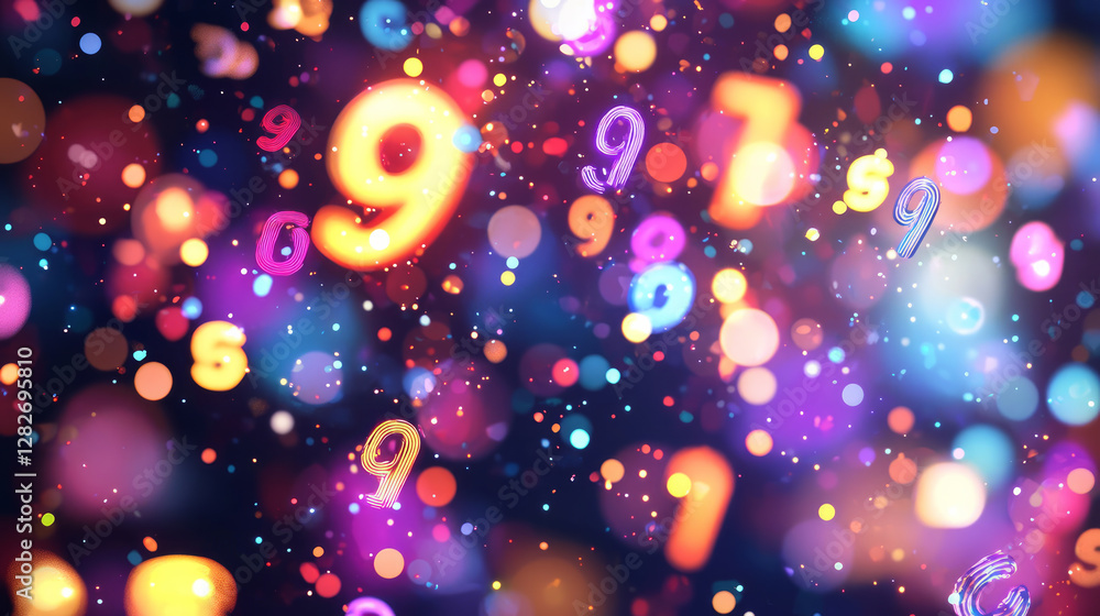 Poster a background of neon numbers and symbols floating in the air, with blurred lights around them, gener
