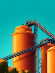 Obraz premium Industrial Storage Tanks Against Teal Sky - Large orange industrial storage tanks and connecting structures against a vibrant teal sky. The scene suggests industry and processing