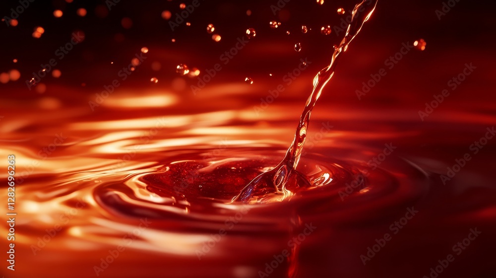 Poster liquid drop impact and ripple effect - close-up of a red liquid droplet impacting a surface, creatin