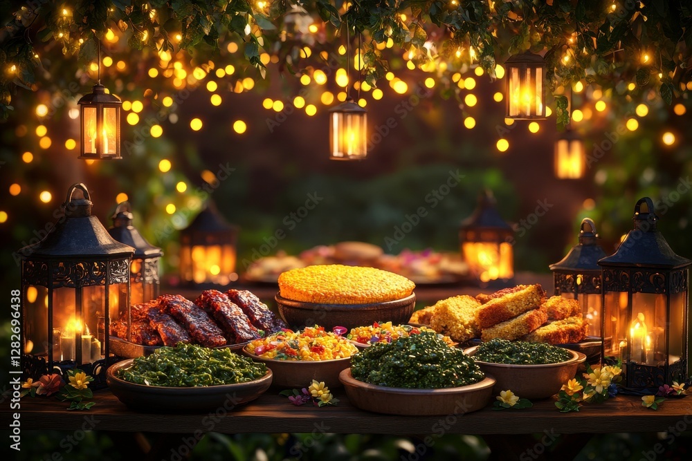 Poster a beautifully arranged outdoor feast illuminated by soft lights and lanterns, featuring an array of 