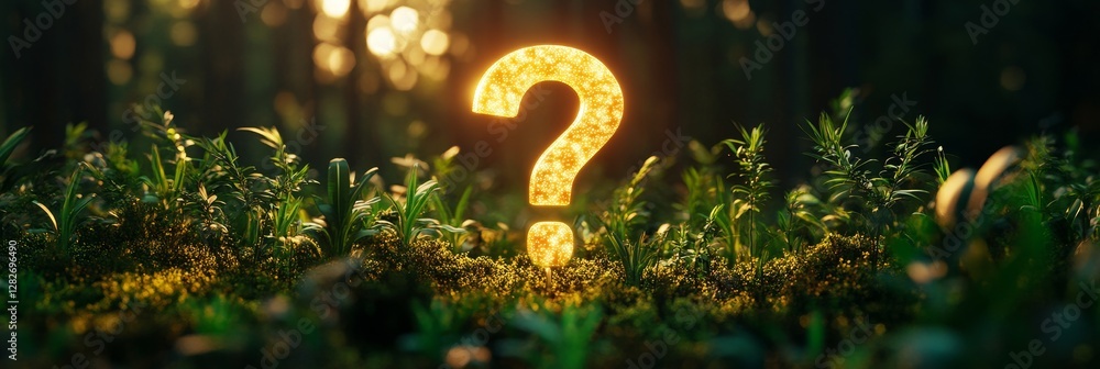 Poster luminous question mark in surreal forest - a glowing question mark in a mysterious forest symbolizes