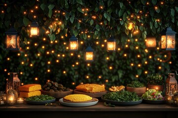 A beautifully lit outdoor table spread with vibrant dishes, garnished with greenery, set against a backdrop of twinkling lights and lanterns.
