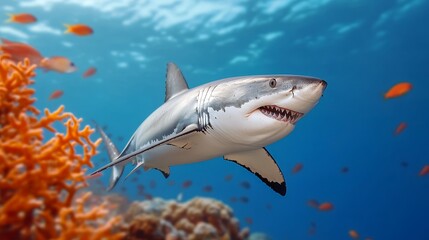 Fototapeta premium Majestic Great White Shark in Coral Reef - A powerful great white shark gracefully swims through a vibrant coral reef, symbolizing ocean power, marine life, predator prowess, underwater beauty