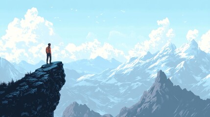 A lone traveler on a precipice gazing at vast mountainous landscape