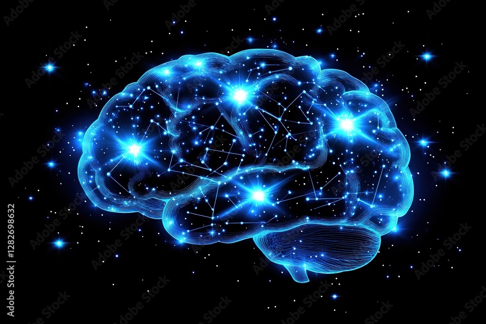 Poster exploring the neural network: a glowing brain's intricate connections and cognitive processes reveal