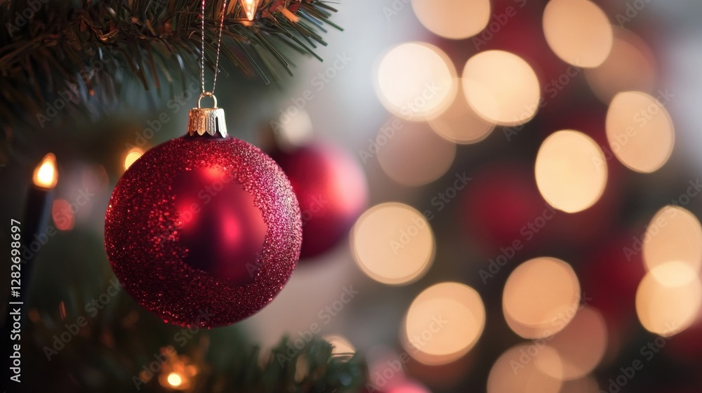 Aufkleber Bright red ornament hanging from Christmas tree with warm bokeh lights in the background during festive holiday season. Generative AI