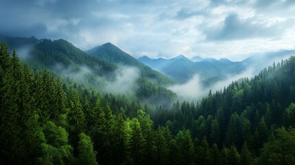 Misty Mountain Forest Landscape - Serene landscape of a misty forest nestled in a mountain range. Lush green trees and rolling hills create a peaceful atmosphere