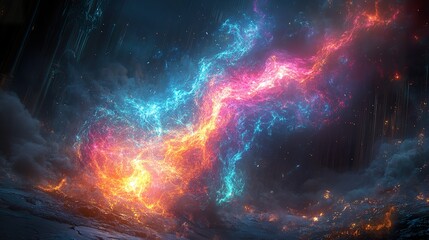 Vibrant cosmic nebula explodes with color over a desolate landscape