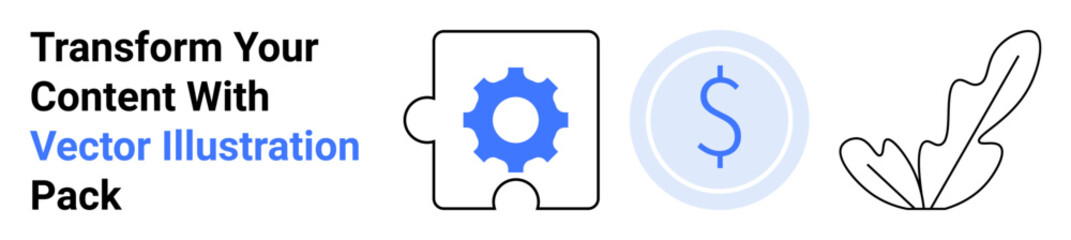 Puzzle piece with gear, dollar coin, and abstract feather representing teamwork, innovation, finance, creativity, and balance. Ideal for business, tech marketing startups economy education flat