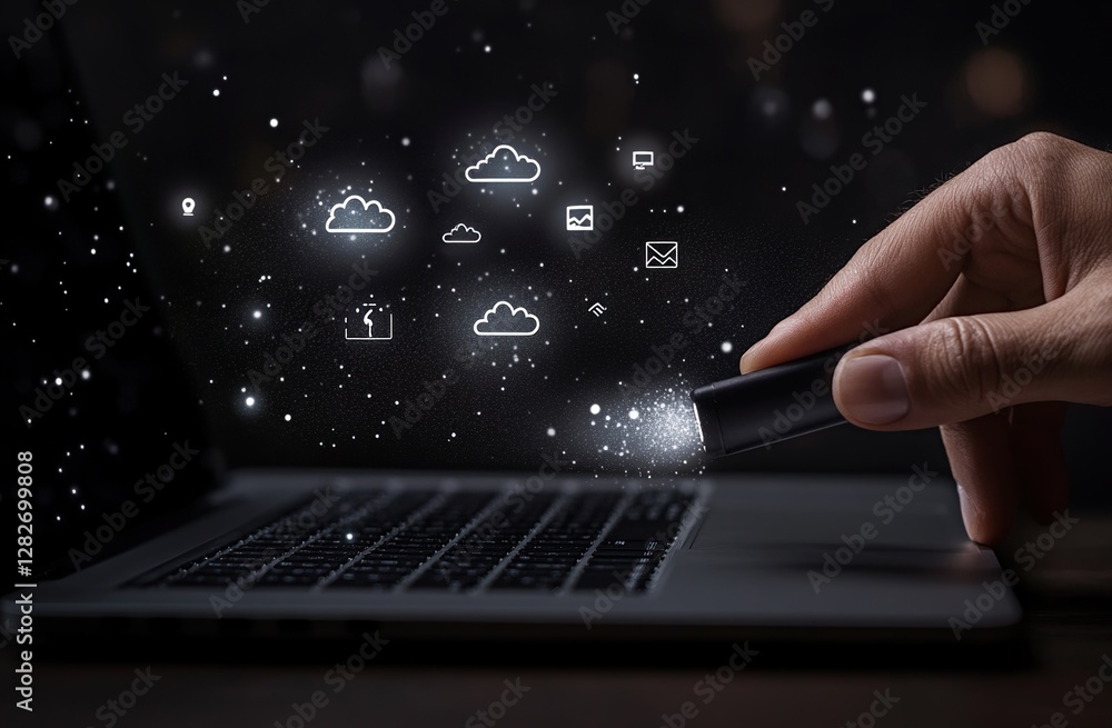 Poster unlocking digital worlds: a hand activates cloud computing & networking icons on laptop, transformin