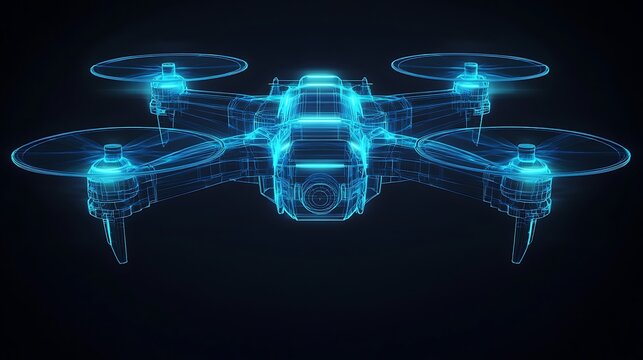Futuristic wireframe drone with holographic neon blue glowing edges in a digital blueprint style on a dark background

