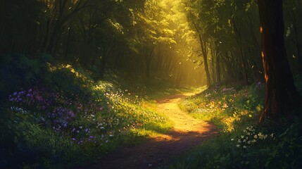 Fototapeta premium Sunlit Path Through Enchanted Forest