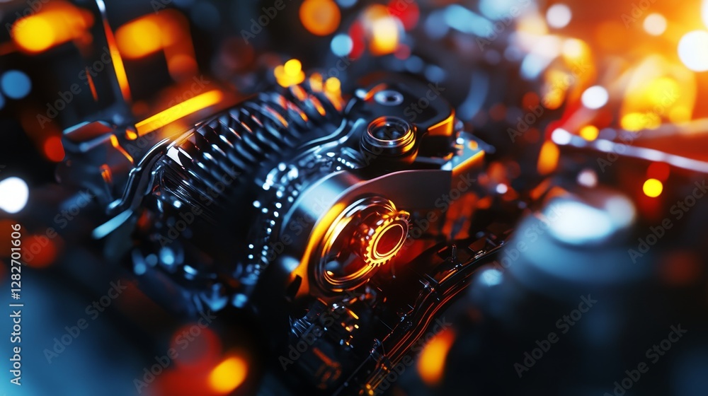 Poster precision engine components - close-up detailed view of intricate engine gears and mechanisms, illum