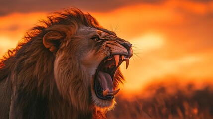Majestic African Lion Roaring at Sunset