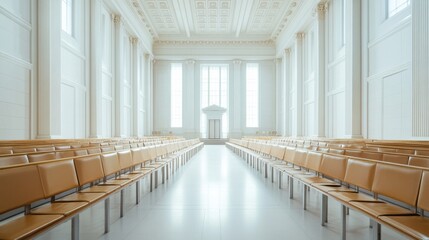 A legislative hall with bright white walls and minimalistic furniture. Featuring simplicity and elegance